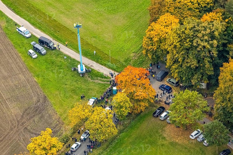 Aerial photo, thousands of spectators watched with great interest as the Gersteinwerk chimney was blown up half an hour late. The 282 metre high RWE chimney fell exactly into the prepared gravel bed. City limits of Werne, Hamm North Rhine-Westphalia, Germany