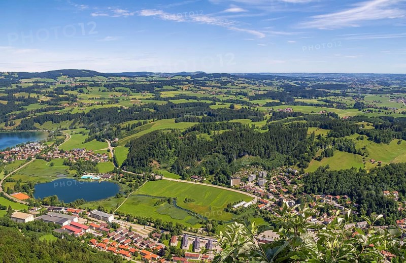 Idyllic aerial view seen from the Immenstaedter Horn around Immenstadt at the Allgaeu region in Swabia, Germany