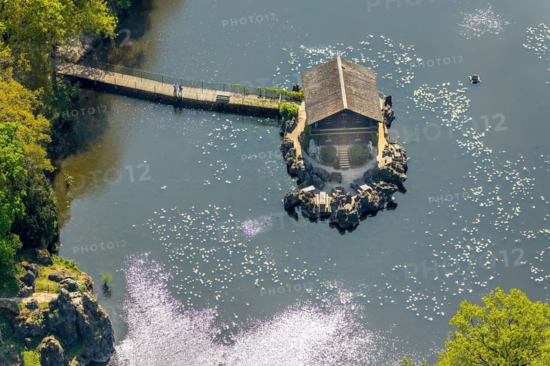 Aerial view, Haus im See, Restaurant Schweizer Häuschen, Biotopwildpark Anholter Schweiz, Isselburg, Lower Rhine, North Rhine-Westphalia, Germany, beer garden, bridge, DE, Europe, inn, gastronomy, aerial view, aerial photography, aerial photography, Pferdehorster Straße, restaurant, lake, overview, bird's eye view, forest, forest area, birds-eyes view, green lung, overview