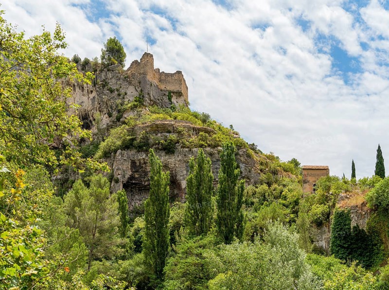 Scenery around a castle ruin at Fontaine-de-Vaucluse, a commune near a same named spring in the southeastern French department of Vaucluse