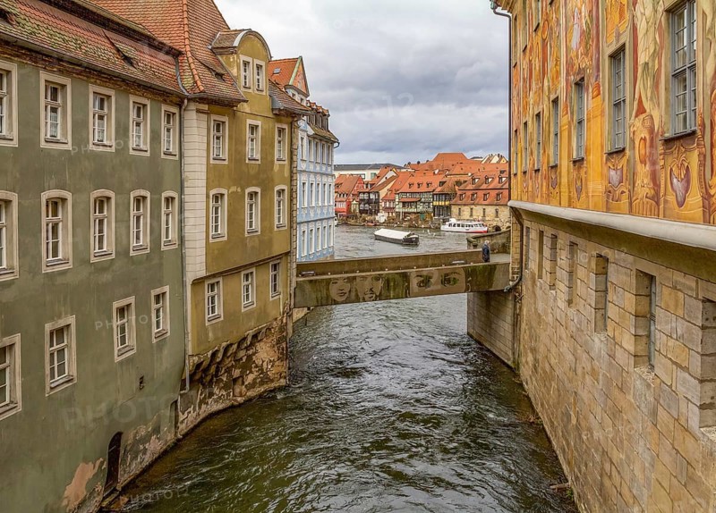 Idyllic riverside scenery in Bamberg, a town in Upper Franconia, Germany
