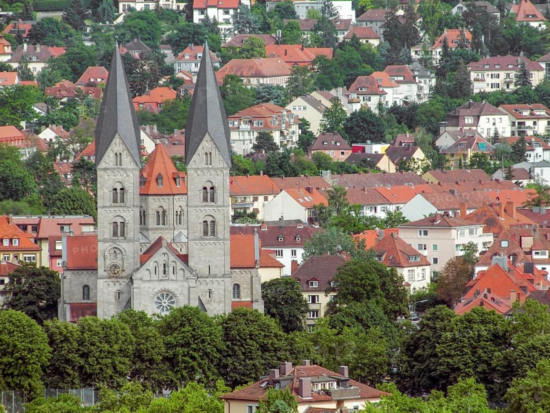 Aerial view of Wuerzburg (Bavaria, Germany) including the Adalbero Church