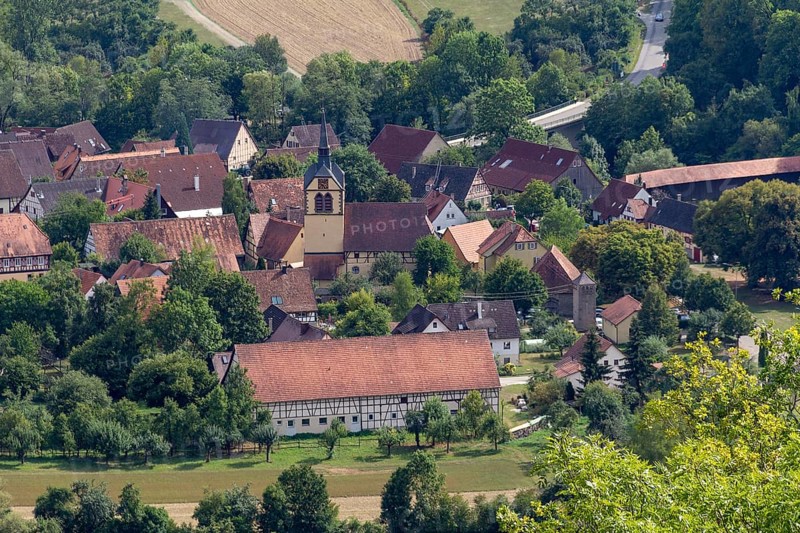 Aerial view showing a village named Baechlingen near Langenburg in Hohenlohe, a area in Southern Germany at late summer time