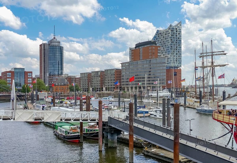 Riparian scenery around the Elbphilharminie, a concert hall in Hamburg, Germany