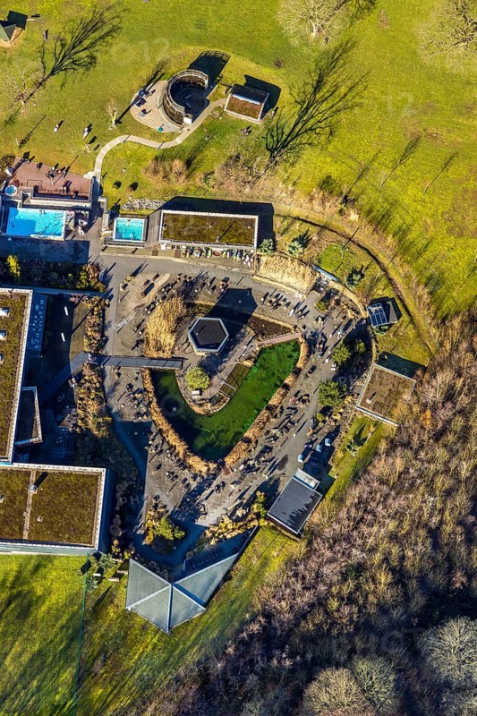Aerial view, Westfalenbad, sauna area, Stadionstraße, Altenhagen, Hagen, Ruhr area, North Rhine-Westphalia, Germany, bathing establishment, bathing resort, DE, Europe, outdoor pool, open air area, leisure, leisure pool, leisure activities, aerial view, aerial photography, aerial photography, swimming pool, swimming pool, overview, bird's-eye view, overview
