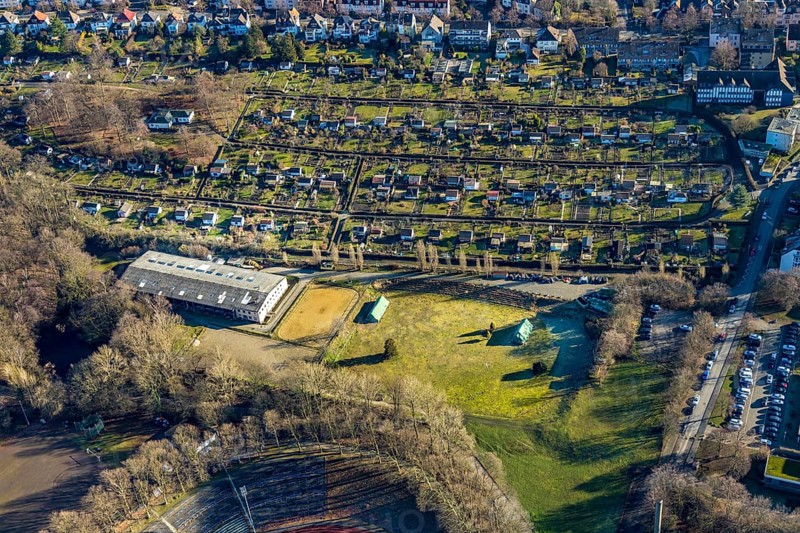 Aerial view, allotment garden association Ischeland, riding club Hagen, Hagen, Ruhr area, North Rhine-Westphalia, Germany, DE, Europe, allotment garden, allotment garden site, allotment garden association, allotment garden association Ischeland e.V., aerial view, aerial photography, aerial photography, equestrian sports, riding club Hagen 1902 e.V., allotment garden, overview, bird's-eye view, overview