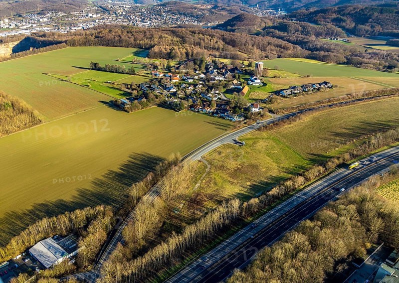 Aerial view, district Haßley and new development area, Hagen, Ruhr area, North Rhine-Westphalia, Germany, motorway A45, DE, Donnerkuhler Weg, Europe, Haßley, Haßleyer Straße, landscape, aerial view, aerial photography, aerial photography, Raiffeisen Markt, overview, bird's-eye view, forest area, woodland, meadows and fields, birds-eyes view, overview