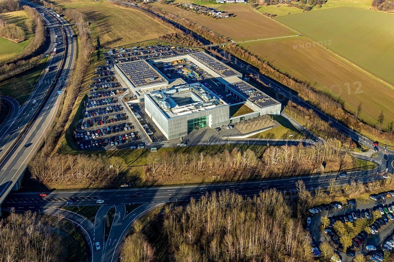 Aerial photo, ENERVIE - Südwestfalen Energie und Wasser AG, ADUG - Arbeits-Daten-Umwelt-Gesundheitsschutz GmbH, Emst, Hagen, Ruhr area, North Rhine-Westphalia, Germany, motorway A45, DE, energy, energy services, energy management, energy network, energy supplier, energy industry, Europe, health and safety at work, aerial photo, aerial photography, aerial photography, car parks, Platz der Impulse, solar plant, overview, environmental management, company network, bird's eye view, birds-eyes view, formerly Sewag, overview