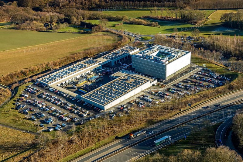 Aerial photo, ENERVIE - Südwestfalen Energie und Wasser AG, ADUG - Arbeits-Daten-Umwelt-Gesundheitsschutz GmbH, Emst, Hagen, Ruhr area, North Rhine-Westphalia, Germany, motorway A45, DE, energy, energy services, energy management, energy network, energy supplier, energy industry, Europe, health and safety at work, aerial photo, aerial photography, aerial photography, car parks, Platz der Impulse, solar plant, overview, environmental management, company network, bird's eye view, birds-eyes view, formerly Sewag, overview