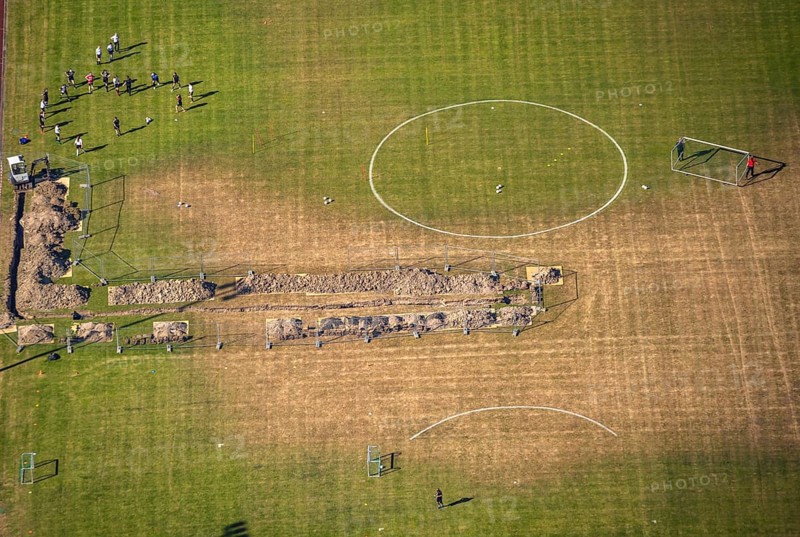 Aerial photo, construction work, Kirchenberg stadium, Hagen-Hohenlimburg, Ruhr area, North Rhine-Westphalia, Germany, construction site, Corona measures, DE, Europe, football pitch, football stadium, football club, aerial photo, aerial photography, aerial photography, renovation, sport, sports facilities, sports field, sports facility, stadium, training sessions, overview, bird's eye view, bird's eye view, overview