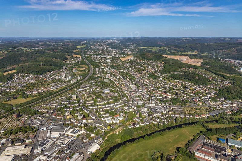 Aerial view, motorway A46, city centre view and commercial area Elseyer Straße, river Lenne, Hagen-Hohenlimburg, Ruhr area, North Rhine-Westphalia, Germany, DE, Europe, commercial enterprises, commercial area, commercial location, commercial use, property tax, real estate, industrial area, industrial location, aerial view, aerial photography, aerial photography, overview, bird's-eye view, forest area, living and working, living and life, residential area, residential buildings, residential quality, housing estate, bird's-eye view, overview