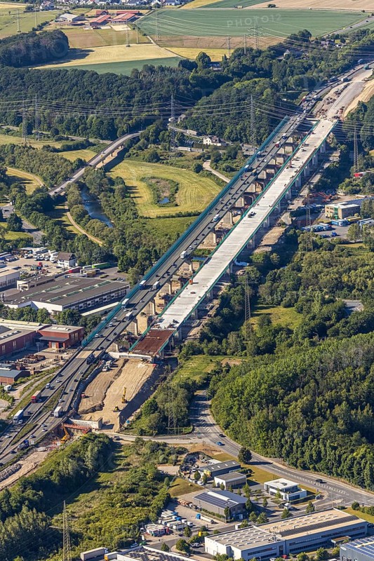 Aerial view, new construction of the Lennetal bridge A45, Berchum, Sauerland line, motorway bridge, Hagen, Ruhr area, North Rhine-Westphalia, Germany, motorway A45, construction work, construction vehicles, construction site, construction project, construction site, bridge, bridge structure, DE, renewal, Europe, river Lenne, Lennetal bridge, aerial view, aerial photography, aerial photography, new construction, renovation, refurbishment, overview, bird's-eye view, bird's-eye view, overview