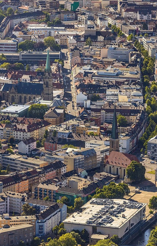 Aerial view, city centre view, Johanniskirche, St. Marien Kirche, Mittelstadt, Hagen, Ruhr area, North Rhine-Westphalia, Germany, place of worship, City, DE, shopping centre, shopping place, shopping mall, Europe, specialist markets, religious community, place of worship, city centre, church, parish, denomination, aerial view, aerial photography, aerial photography, Mittelstraße, city view, city area, city centre, overview, bird's-eye view, overview