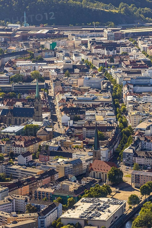 Aerial view, city centre view, Johanniskirche, St. Marien Kirche, Mittelstadt, Hagen, Ruhr area, North Rhine-Westphalia, Germany, place of worship, City, DE, shopping centre, shopping place, shopping mall, Europe, specialist markets, religious community, place of worship, city centre, church, parish, denomination, aerial view, aerial photography, aerial photography, Mittelstraße, city view, city area, city centre, overview, bird's-eye view, overview
