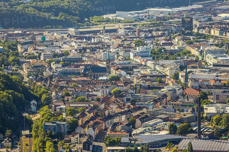 Aerial view, city centre view, Johanniskirche, St. Marien Kirche, Mittelstadt, Hagen, Ruhr area, North Rhine-Westphalia, Germany, place of worship, City, DE, shopping centre, shopping place, shopping mall, Europe, specialist markets, religious community, place of worship, city centre, church, parish, denomination, aerial view, aerial photography, aerial photography, Mittelstraße, city view, city area, city centre, overview, bird's-eye view, overview