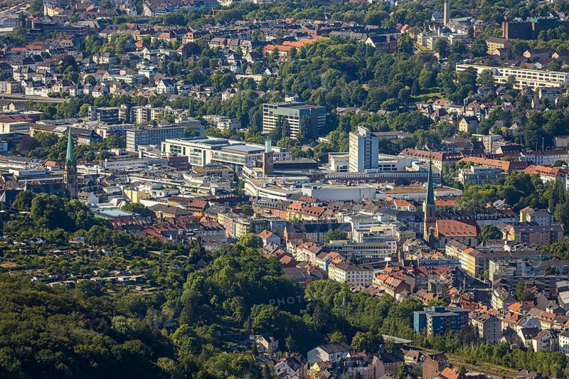 Aerial view, city centre view, Johanniskirche, St. Marien Kirche, Mittelstadt, Hagen, Ruhr area, North Rhine-Westphalia, Germany, place of worship, City, DE, shopping centre, shopping place, shopping mall, Europe, specialist markets, religious community, place of worship, city centre, church, parish, denomination, aerial view, aerial photography, aerial photography, Mittelstraße, city view, city area, city centre, overview, bird's-eye view, overview