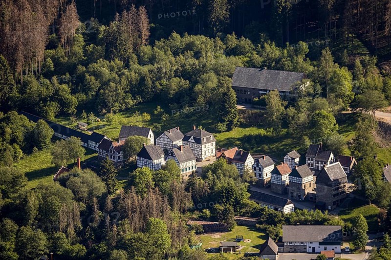 Aerial view, open-air museum Hagen, LWL, Hagen, Ruhr area, North Rhine-Westphalia, Germany, DE, Europe, half-timbered houses, culture, art, LWL open-air museum, aerial view, aerial photography, aerial photography, museum, overview, bird's-eye view, overview