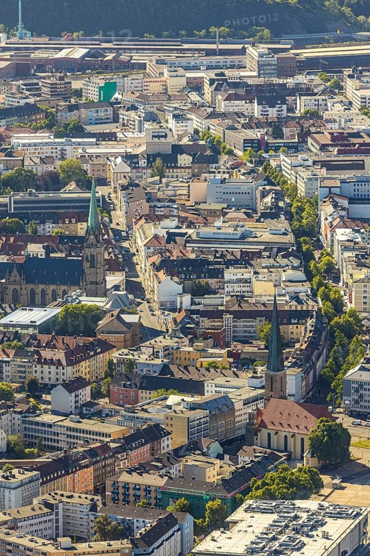 Aerial view, city centre view, Johanniskirche, St. Marien Kirche, Mittelstadt, Hagen, Ruhr area, North Rhine-Westphalia, Germany, place of worship, City, DE, shopping centre, shopping place, shopping mall, Europe, specialist markets, religious community, place of worship, city centre, church, parish, denomination, aerial view, aerial photography, aerial photography, Mittelstraße, city view, city area, city centre, overview, bird's-eye view, overview