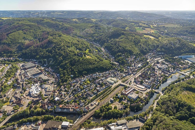 Aerial view, aerial view, Hohenlimburg railway station, river Lenne, Hagen-Hohenlimburg, Ruhr area, North Rhine-Westphalia, Germany, railway tracks, DE, Europe, commercial enterprises, commercial area, commercial location, commercial use, industrial area, industrial location, aerial photograph, aerial photography, aerial photography, overview, bird's-eye view, forest, birds-eyes view, overview