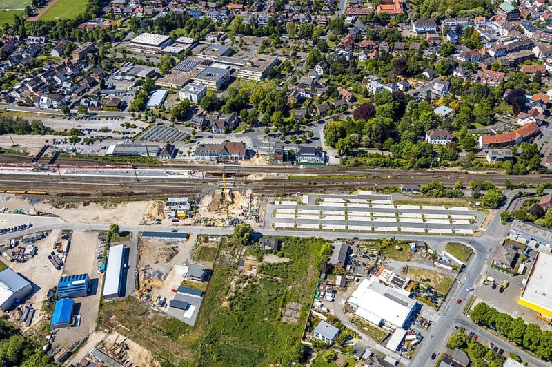 Aerial view, track reconstruction construction site Haltern station, Park&Ride car park at Haltern station, Zum Ikenkamp, Haltern am See, Münsterland, Ruhr area, North Rhine-Westphalia, Germany, railway tracks, station, construction work, construction area, construction site, construction measure, construction project, construction site, DE, Deutsche Bahn AG, through station, station building, Europe, main station, aerial view, aerial photography, aerial photography, overview, bird's eye view, birds-eyes view, overview