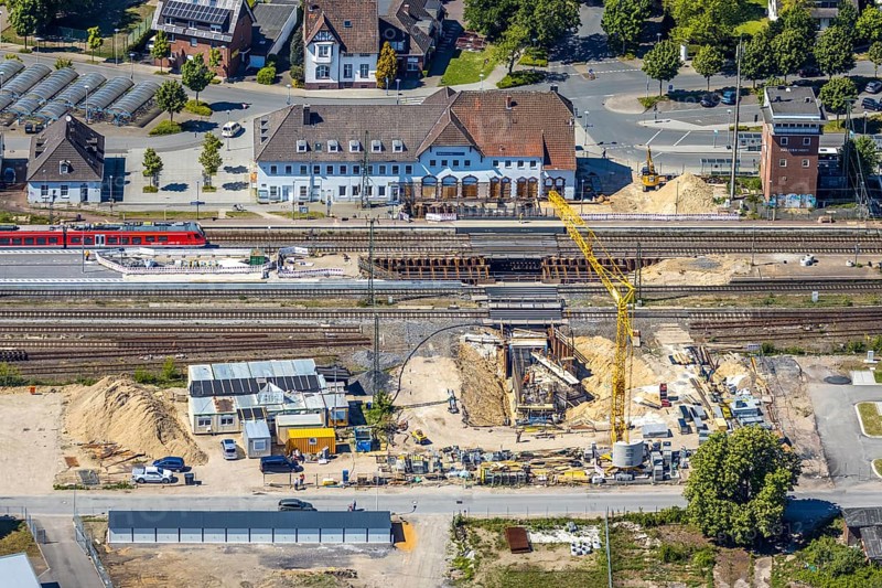 Aerial view, track reconstruction construction site Haltern station, Haltern am See, Münsterland, Ruhr area, North Rhine-Westphalia, Germany, railway tracks, station, construction work, construction area, construction site, construction project, construction site, DE, Deutsche Bahn AG, through station, station building, Europe, main station, aerial view, aerial photography, aerial photography, overview, bird's-eye view, overview