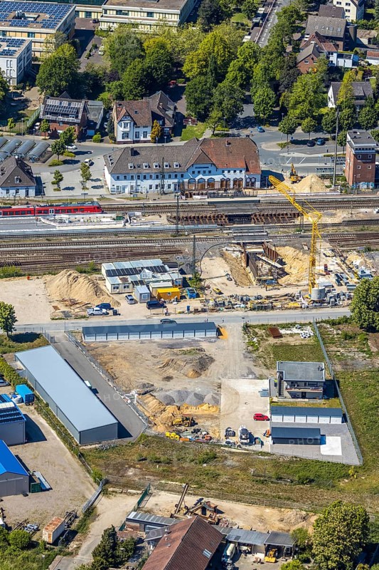 Aerial view, track reconstruction construction site Haltern station, Haltern am See, Münsterland, Ruhr area, North Rhine-Westphalia, Germany, railway tracks, station, construction work, construction area, construction site, construction project, construction site, DE, Deutsche Bahn AG, through station, station building, Europe, main station, aerial view, aerial photography, aerial photography, overview, bird's-eye view, overview