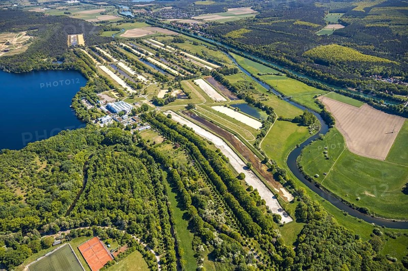 Aerial view, GELSENWASSER AG Haltern waterworks, filter basin, Haltern am See, Münsterland, Ruhr area, North Rhine-Westphalia, Germany, DE, Europe, commercial area, commercial area, commercial use, industrial plant, industrial area, industrial site, aerial photograph, aerial photography, aerial photography, overview, bird's-eye view, water treatment plant, water purification plant, waterworks road, birds-eyes view, overview