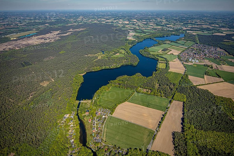 Aerial view, Hullern dam, Hullern reservoir, river Stever, view of Hullern, Haltern am See, Münsterland, Ruhr area, North Rhine-Westphalia, Germany, DE, Europe, distant view, aerial view, aerial photography, aerial photography, lake, reservoir, dam, overview, bird's-eye view, meadows and fields, birds-eyes view, overview