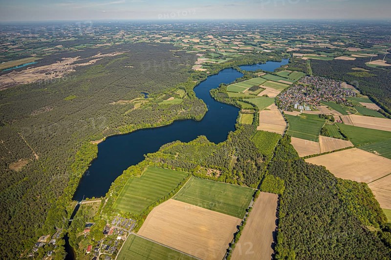 Aerial view, Hullern dam, Hullern reservoir, river Stever, view of Hullern, Haltern am See, Münsterland, Ruhr area, North Rhine-Westphalia, Germany, DE, Europe, distant view, aerial view, aerial photography, aerial photography, lake, reservoir, dam, overview, bird's-eye view, meadows and fields, birds-eyes view, overview