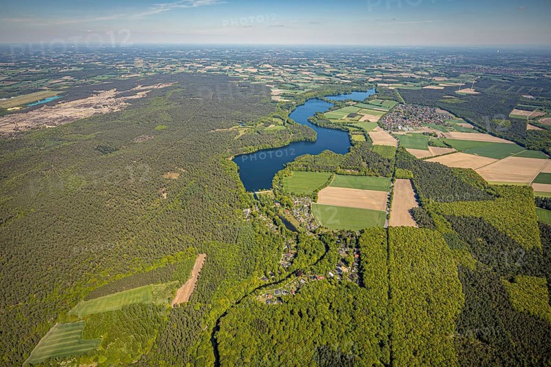 Aerial view, Hullern dam, Hullern reservoir, river Stever, view of Hullern, Haltern am See, Münsterland, Ruhr area, North Rhine-Westphalia, Germany, DE, Europe, distant view, aerial view, aerial photography, aerial photography, lake, reservoir, dam, overview, bird's-eye view, meadows and fields, birds-eyes view, overview