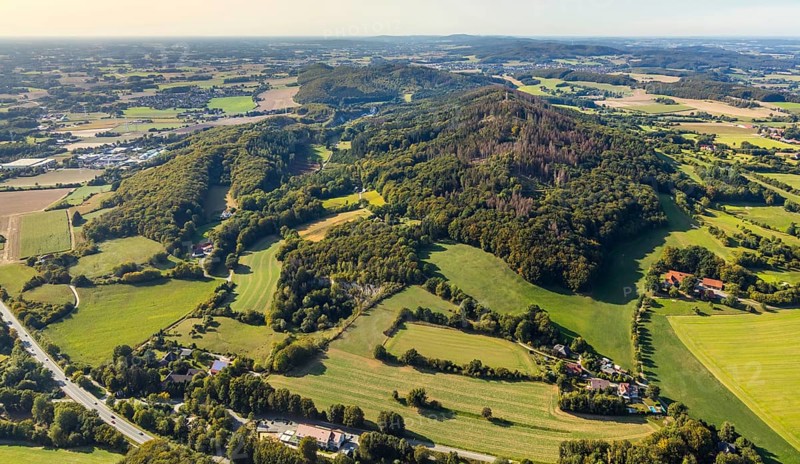 Aerial photo, Teutoburg Forest, Große Egge, Hermannsweg, Halle, East Westphalia-Lippe, OWL, North Rhine-Westphalia, Germany, DE, Europe, distant view, hilly landscape, aerial view, aerial photography, aerial photography, nature reserve, OWL book, OWL book, East Westphalia book, overview, bird's-eye view, forest area, meadows and fields, birds-eyes view, overview