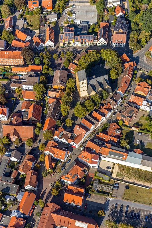 Aerial view, town centre, St. Johannis Kirche, Virtual Museum of the City of Halle Westphalia, Halle, Ostwestfalen-Lippe, OWL, North Rhine-Westphalia, Germany, place of worship, Bahnhofstraße, DE, Europe, history museum, religious community, place of worship, holy site, church, parish, church square, denomination, aerial view, aerial photography, aerial photography, museum, OWL book, OWL book, Ostwestfalenbuch, photovoltaic, photovoltaic system, religion, religious site, solar, solar system, solar energy, solar power, overview, bird's-eye view, birds-eyes view, overview