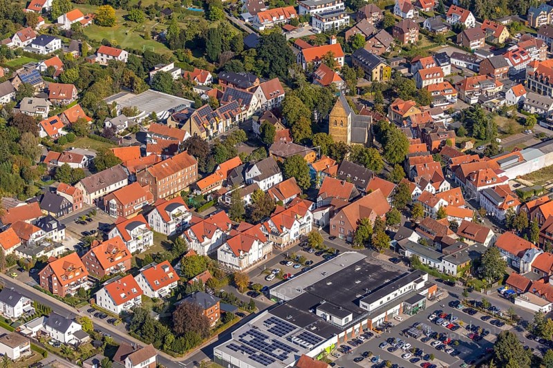 Aerial view, town centre, St. Johannis Kirche, Virtual Museum of the City of Halle Westphalia, Halle, Ostwestfalen-Lippe, OWL, North Rhine-Westphalia, Germany, place of worship, Bahnhofstraße, DE, Europe, history museum, religious community, place of worship, holy site, church, parish, church square, denomination, aerial view, aerial photography, aerial photography, museum, OWL book, OWL book, Ostwestfalenbuch, photovoltaic, photovoltaic system, religion, religious site, solar, solar system, solar energy, solar power, overview, bird's-eye view, birds-eyes view, overview