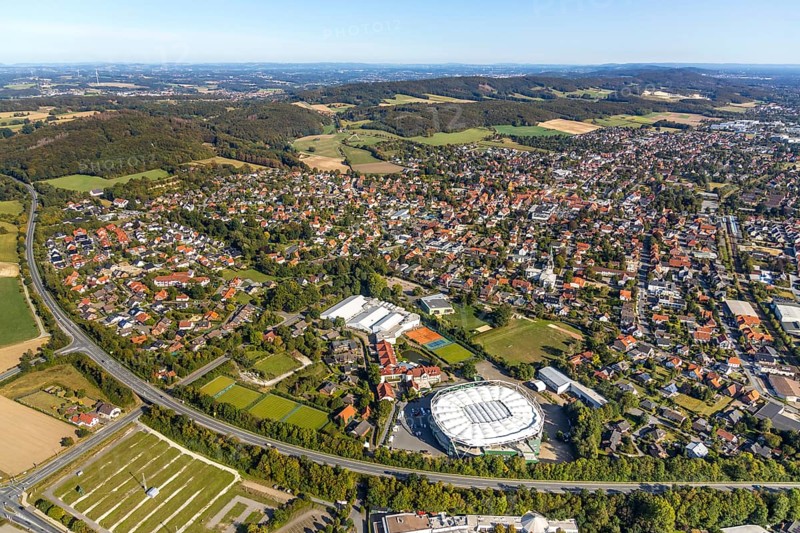 Aerial view, OWL ARENA, Oldendorf, Halle, Ostwestfalen-Lippe, OWL, North Rhine-Westphalia, Germany, DE, Europe, culture, art, aerial view, aerial photography, aerial photography, OWL book, OWL book, Ostwestfalenbuch, Roger-Federer-Allee, overview, events, venue, event location, event centre, bird's-eye view, birds-eyes view, formerly Gerry Weber Stadium, cultural use, multifunctional arena, overview