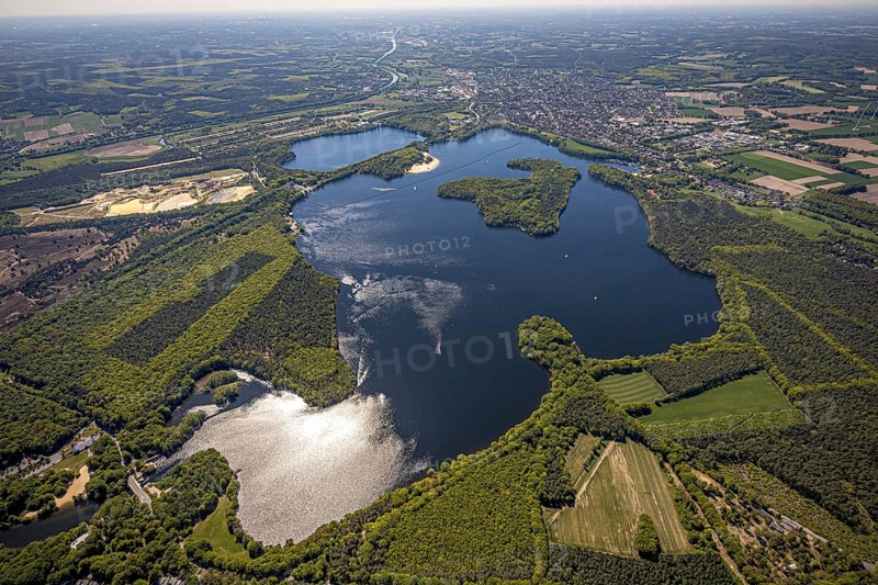 Aerial view, Haltern reservoir, Haltern am See, Münsterland, Ruhr area, North Rhine-Westphalia, Germany, DE, Europe, distant view, aerial view, aerial photography, aerial photography, lake, reservoir, south basin, overview, bird's-eye view, overview, waterworks, water extraction, Gelsenwasser AG