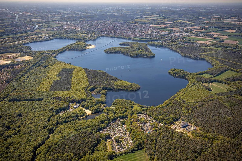 Aerial view, Haltern reservoir, Haltern am See, Münsterland, Ruhr area, North Rhine-Westphalia, Germany, DE, Europe, distant view, aerial view, aerial photography, aerial photography, lake, reservoir, south basin, overview, bird's-eye view, overview, waterworks, water extraction, Gelsenwasser AG