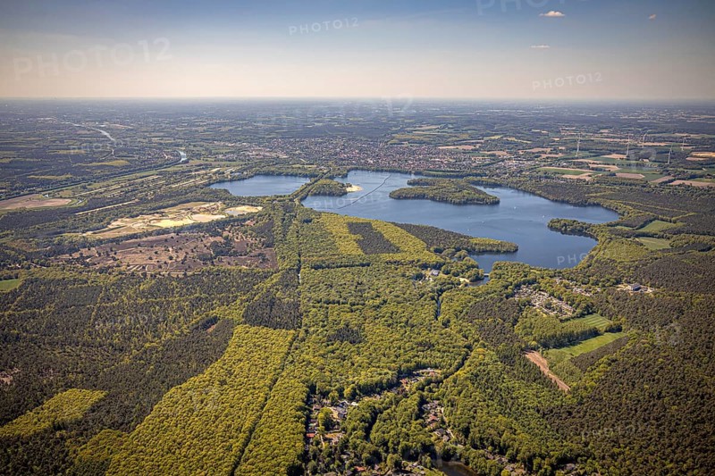 Aerial view, Haltern reservoir, Haltern am See, Westruper Heide, Münsterland, Ruhr area, North Rhine-Westphalia, Germany, DE, Europe, distant view, aerial view, aerial photography, aerial photography, lake, reservoir, south basin, overview, bird's-eye view, birds-eyes view, overview