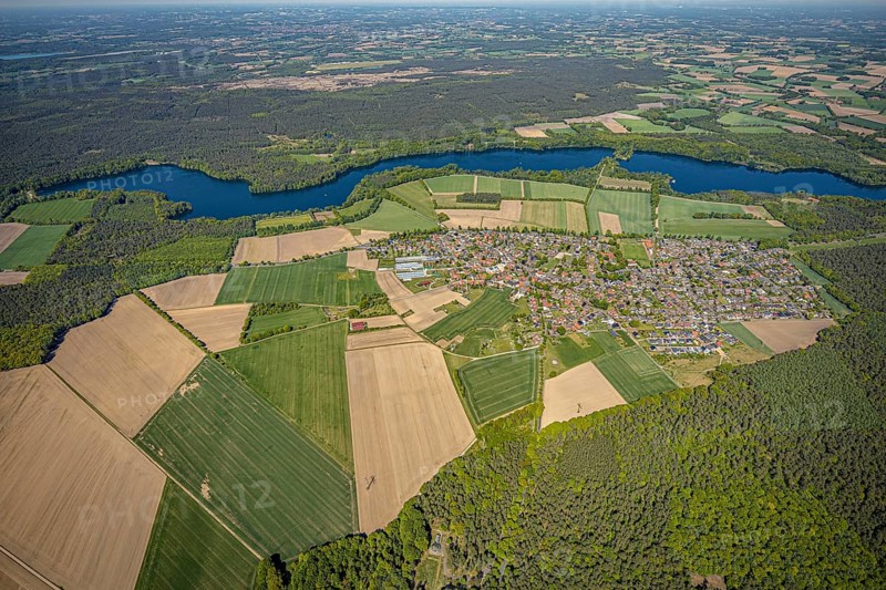 Aerial view, Hullern dam, Hullern reservoir, river Stever, view of Hullern, Haltern am See, Münsterland, Ruhr area, North Rhine-Westphalia, Germany, DE, Europe, distant view, aerial view, aerial photography, aerial photography, lake, reservoir, dam, overview, bird's-eye view, meadows and fields, birds-eyes view, overview
