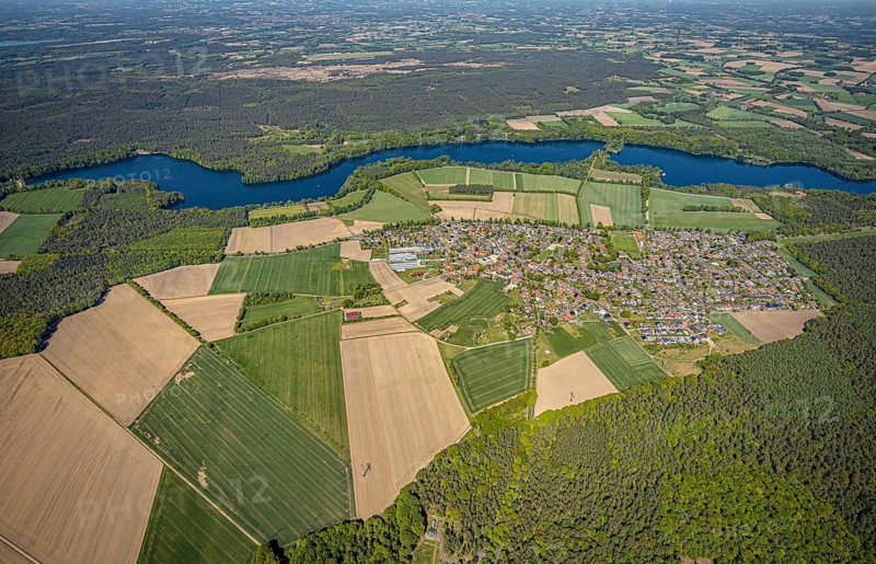 Aerial view, Hullern dam, Hullern reservoir, river Stever, view of Hullern, Haltern am See, Münsterland, Ruhr area, North Rhine-Westphalia, Germany, DE, Europe, distant view, aerial view, aerial photography, aerial photography, lake, reservoir, dam, overview, bird's-eye view, meadows and fields, birds-eyes view, overview