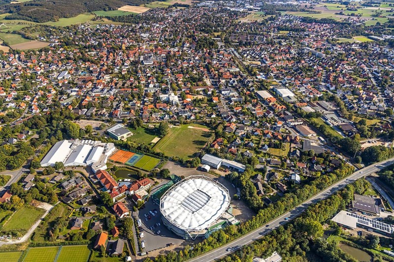 Aerial view, OWL ARENA, Oldendorf, Halle, Ostwestfalen-Lippe, OWL, North Rhine-Westphalia, Germany, DE, Europe, culture, art, aerial view, aerial photography, aerial photography, OWL book, OWL book, Ostwestfalenbuch, Roger-Federer-Allee, overview, events, venue, event location, event centre, bird's-eye view, birds-eyes view, formerly Gerry Weber Stadium, cultural use, multifunctional arena, overview