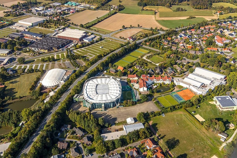 Aerial view, OWL ARENA, Oldendorf, Halle, Ostwestfalen-Lippe, OWL, North Rhine-Westphalia, Germany, DE, Europe, culture, art, aerial view, aerial photography, aerial photography, OWL book, OWL book, Ostwestfalenbuch, Roger-Federer-Allee, overview, events, venue, event location, event centre, bird's-eye view, birds-eyes view, formerly Gerry Weber Stadium, cultural use, multifunctional arena, overview