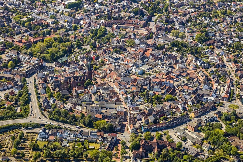 Aerial view, city view and old town, Haltern am See, Münsterland, Ruhr area, North Rhine-Westphalia, Germany, place of worship, DE, Europe, religious community, place of worship, church, parish, denomination, aerial view, aerial photography, aerial photography, religion, St. Sixtus Church, overview, bird's-eye view, overview
