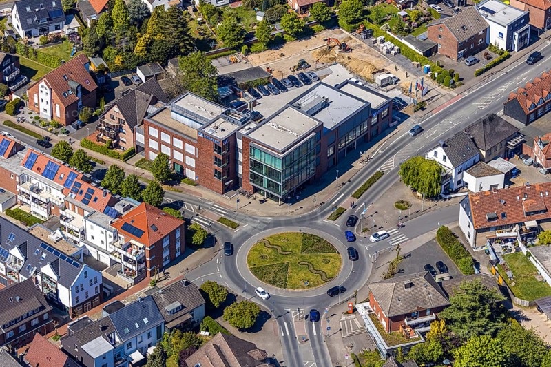 Aerial view, construction site at Volksbank building, Haltern am See, Münsterland, Ruhr area, North Rhine-Westphalia, Germany, construction work, construction area, construction site, building plots, construction project, construction site, DE, Europe, capacity requirement, roundabout, aerial view, aerial photography, aerial photography, overview, bird's-eye view, overview