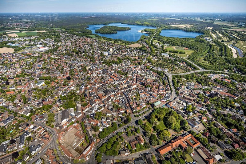 Aerial view, town view and old town, Haltern town hall, Halterner See, Haltern am See, Münsterland, Ruhr area, North Rhine-Westphalia, Germany, old town, place of worship, authority, city, DE, Europe, religious community, place of worship, city centre, church, denomination, aerial view, aerial photography, aerial photography, local view, rectory, town hall, religion, St. Sixtus Church, townscape, city area, city administration, overview, bird's eye view, bird's eye view, overview