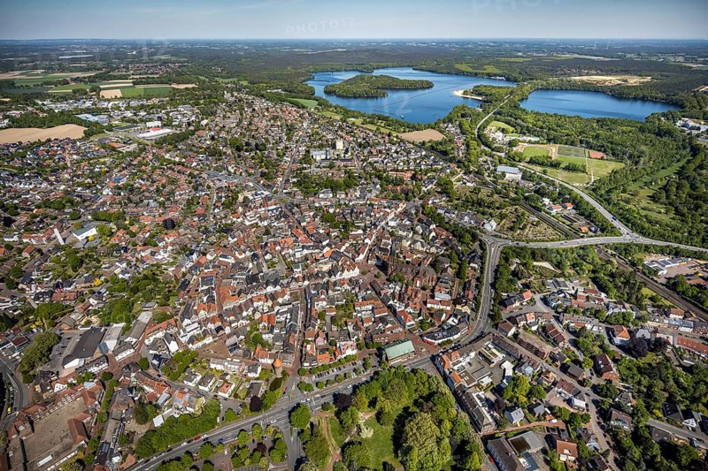 Aerial view, townscape and old town, Halterner See, Haltern am See, Münsterland, Ruhr area, North Rhine-Westphalia, Germany, old town, place of worship, city, DE, Europe, religious community, place of worship, city centre, church, denomination, aerial view, aerial photography, aerial photography, local view, rectory, religion, St. Sixtus Church, townscape, urban area, overview, bird's-eye view, overview