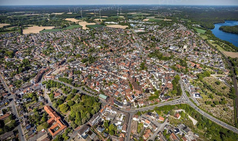 Aerial view, town view and old town, Haltern town hall, wind turbines, Haltern am See, Münsterland, Ruhr area, North Rhine-Westphalia, Germany, place of worship, authority, DE, Europe, religious community, place of worship, church, parish, denomination, aerial view, aerial photography, aerial photography, town hall, religion, St. Sixtus Church, city administration, overview, bird's eye view, wind turbine, wind energy plant, wind power, wind turbine, wind turbines, bird's eye view, overview