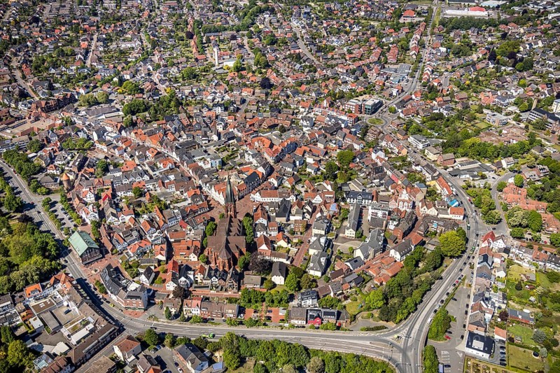 Aerial view, city view and old town, Haltern am See, Münsterland, Ruhr area, North Rhine-Westphalia, Germany, place of worship, DE, Europe, religious community, place of worship, church, parish, denomination, aerial view, aerial photography, aerial photography, religion, St. Sixtus Church, overview, bird's-eye view, overview