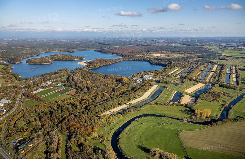 Aerial view, GELSENWASSER AG Haltern waterworks, filter basin, Haltern reservoir, Lippe river, Wesel-Datteln canal, Haltern am See, Münsterland, Ruhr area, North Rhine-Westphalia, Germany, DE, Europe, distant view, river, industrial area, commercial area, commercial use, autumn colours, industrial plants, industrial area, industrial site, canal, aerial view, aerial photography, aerial photography, lake, reservoir, overview, bird's-eye view, water treatment plant, water purification plant, waterworks road, meadows and fields, birds-eyes view, overview, autumn, autumn leaves, golden October, autumnal