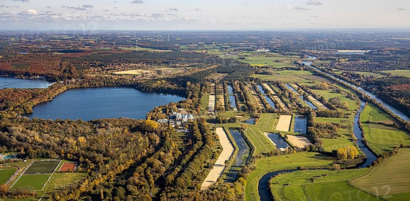 Aerial view, GELSENWASSER AG Haltern waterworks, filter basin, Haltern reservoir, Lippe river, Wesel-Datteln canal, Haltern am See, Münsterland, Ruhr area, North Rhine-Westphalia, Germany, DE, Europe, distant view, river, industrial area, commercial area, commercial use, autumn colours, industrial plants, industrial area, industrial site, canal, aerial view, aerial photography, aerial photography, lake, reservoir, overview, bird's-eye view, water treatment plant, water purification plant, waterworks road, meadows and fields, birds-eyes view, overview, autumn, autumn leaves, golden October, autumnal