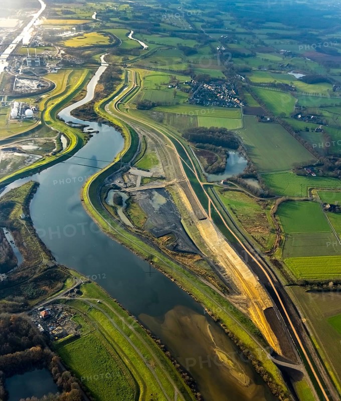 Aerial view of the Lippe floodplain and river Lippe with Lippe dike renewal and dike extension in the district of Lippramsdorf in Haltern am See in the Ruhr area in North Rhine-Westphalia, Germany
